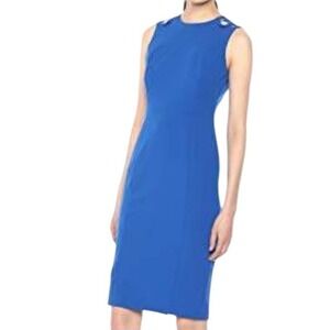 Calvin Klein Royal Blue Sheath Dress Gold Button Detail Sleeveless Size 10